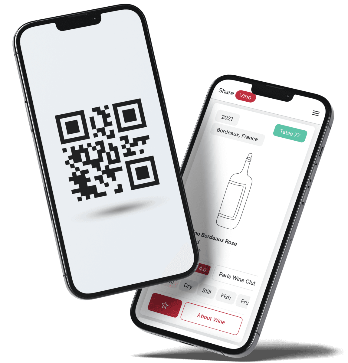 Smartphone displaying ShareVino's interactive digital wine list with QR code.